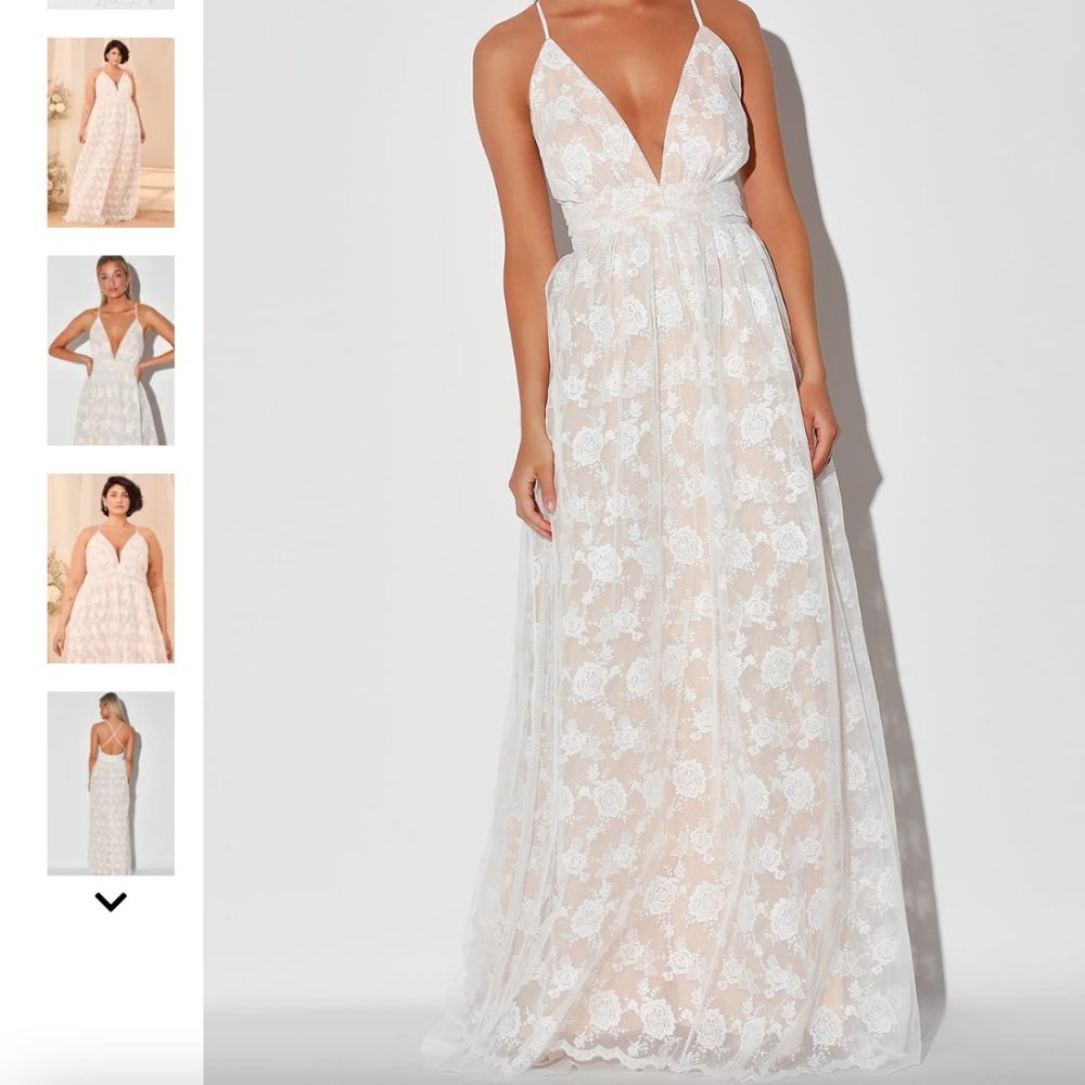 FINAL CHANCE Lulu's Ivywood White and Beige Embroidered Lace Backless Maxi Dress